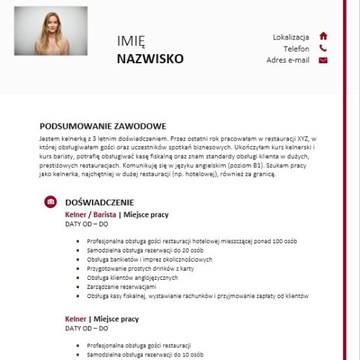 Gotowy szablon CV-wzór dla pracowników gastronomii