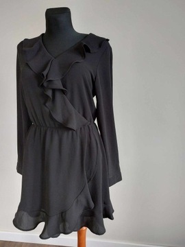 Object czarna sukienka kopertowa z falbanami 36