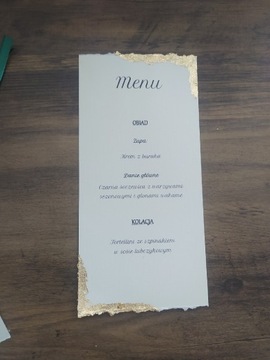 Menu weselne na talerzyk płatki złota, srebra