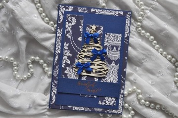 niebieska elegancka kartka świąteczna choinka