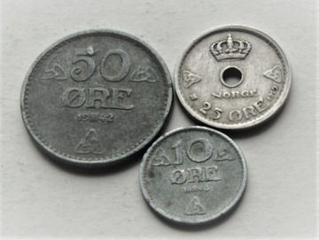 Norwegia 10 25 50 ore 1929(?) 1942 1943 (3 szt.)  