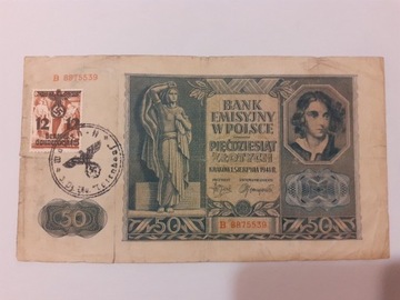50 zł  z 1941r znaczkiem i pieczęcią 
