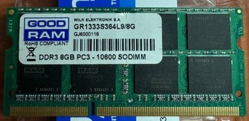 1x8GB SO-DIMM DDR3 1333MHzPC3-10600GR1333S364L9/8G
