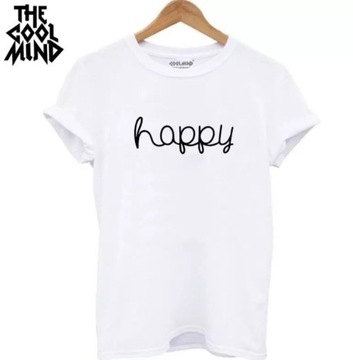 Nowy t-shirt biały z napisem HAPPY r.S 100% COTTON