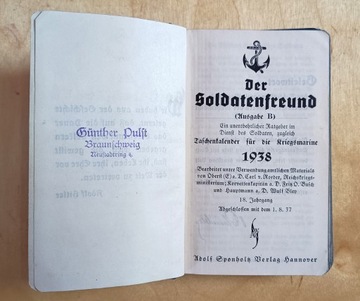 Kriegsmarine Kalendarz 1938 III Rzesza Sponholtz