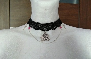 Choker handmade róża krzyż koronka goth lolita emo