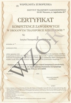 Certyfikat kompetencji- licencja na przewóz rzeczy