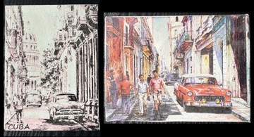 Dwa obrazki z Kuby z samochodami - malowane