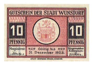 Notgeld, 10 FENIGÓW 1922 / WUNSTORF