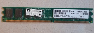 Pamięć RAM DDR Apacer 512MB UNB PC3200 400MHz AM1