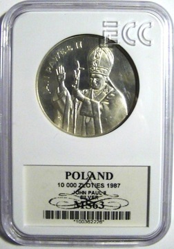 10 000 ZŁ JAN PAWEŁ II 1987 PRL L GRADING ECC MS63