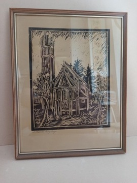 Stara grafika sygnowana drzeworyt w ramie za szkłem kościół katedra 