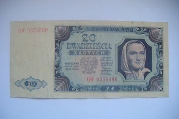 Polska Banknot PRL 20 zł.1948 r. seria GW