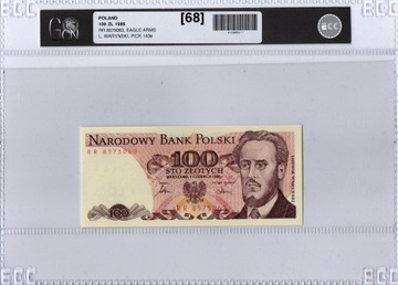 Banknot 100 zł z 1986r. seria RR, stan 1 UNC w gradingu 68