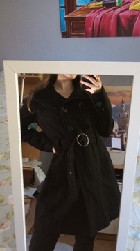 Płaszcz długi wełniany wiązany czarny z guzikami 