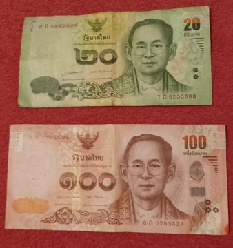 100 i 20 Bath Banknoty Tajlandia