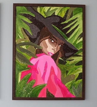Obrazy oprawione Kobieta w kapeluszu i w liściach
