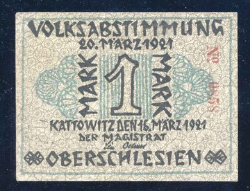 1921 PLEBISCYT GÓRNY ŚLĄSK, KATTOWITZ, 1 MARK.