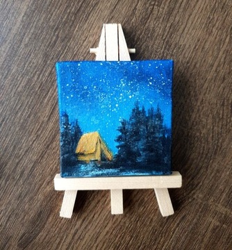 Mini obraz noc las namiot ręcznie malowany 