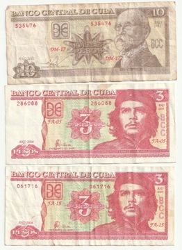 Banknoty 3 i 10 pesos i monety - Kuba