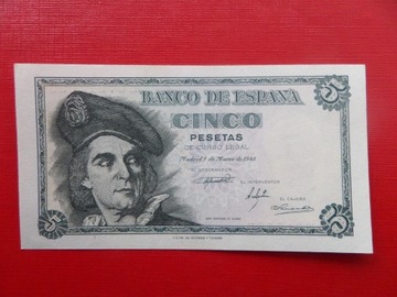Hiszpania 5 Pesetas Elcano 19548 Pick 136 UNC/UNC-