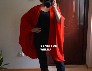 Benetton sweter narzutka poncho wełna , oversize