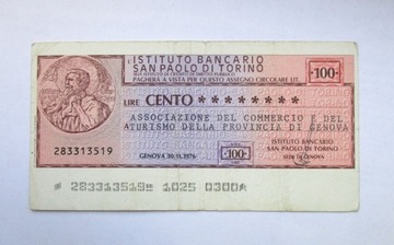 Banknot Włochy 100 lirów  1976 r.  Istituto Bancario San Paolo Di Torino