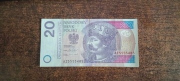 Banknot 20 zł. Numer kolekcjonerski AZ5555485