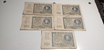 Zestaw 5 sztuk banknotów Polskich 5 zł 1941r