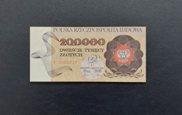 200000 zł banknot 1989 UNC, niski numer, radar!