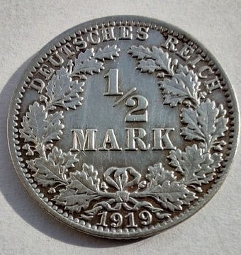 NIEMCY 1/2 Mark 1919A srebro ŁADNA