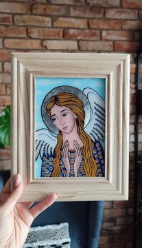 Ręcznie malowany obraz na szkle, Anioł Stróż 