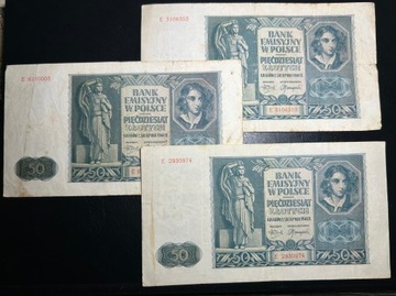3 banknoty 50 złotych 1941 rok