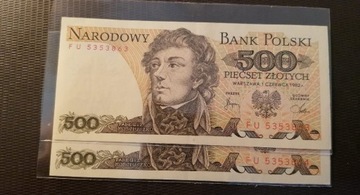 Banknot 500zł 1982r. 2 kolejne numery