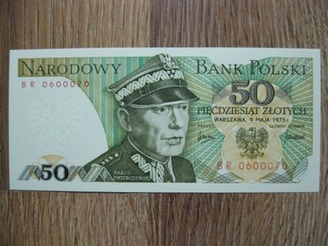 BANKNOT PRL 50 ZŁOTYCH 1975 ROK SERIA BR 0600070 K. ŚWIERCZEWSKI UNC