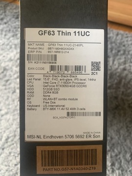 Laptop MSI GF63 Thin 11UC