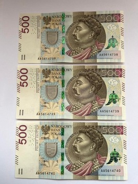 Trzy banknoty 500 zł seria AA kolejne numery