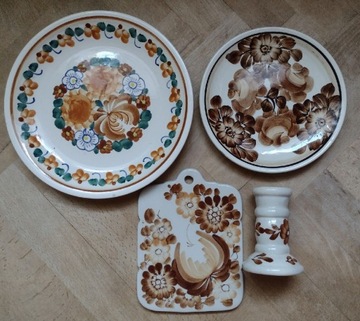 Włocławek talerz malowany zestaw świecznik ceramika kwiaty PRL vintage 
