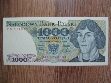 BANKNOT PRL 1000 ZŁOTYCH 1982 ROK SERIA KD MIKOŁAJ KOPERNIK UNC