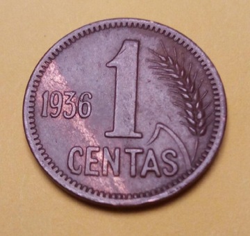 Litwa 1 centas 1936 bardzo dobry stan