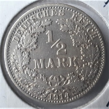 1/2  Marki 1914 A , Niemcy , Ag900  