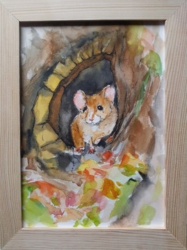Akwarela ręcznie malowana "Myszka" + rama