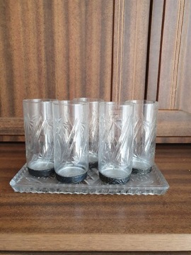 Vintage 5 szklanek na kryształowej tacy antyk