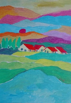 obraz do salonu krajobraz pejzaż lato na wsi domki