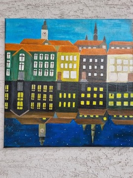 Ręcznie malowany obraz miasto 40 x 40 cm akryl