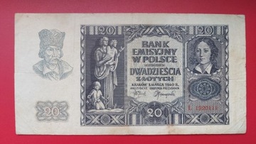 Banknot 20 zł 1940 r. Seria L