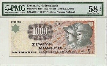 Banknot Dania 1000 koron PMG 58 1998