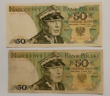 Dwa banknoty 50 Złotych 1975 r. seria BK BM