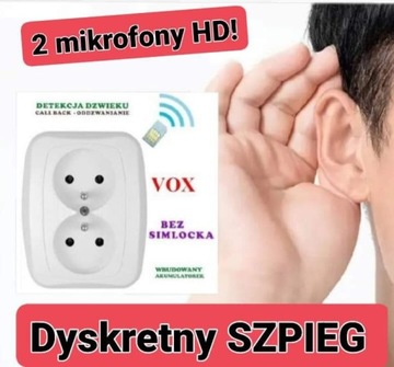 PODSŁUCH GSM + VOX + 2 MIKROFONY NOWOŚĆ DYSKRETNE GNIAZDKO SZPIEG OKAZJA 