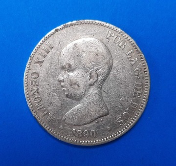 Hiszpania 5 Peset rok 1890, SREBRO 0,900